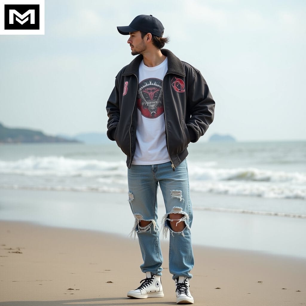 Ulzzang outfit: bomber jacket, graphic tee, distressed jeans, high-top sneakers and baseball cap.