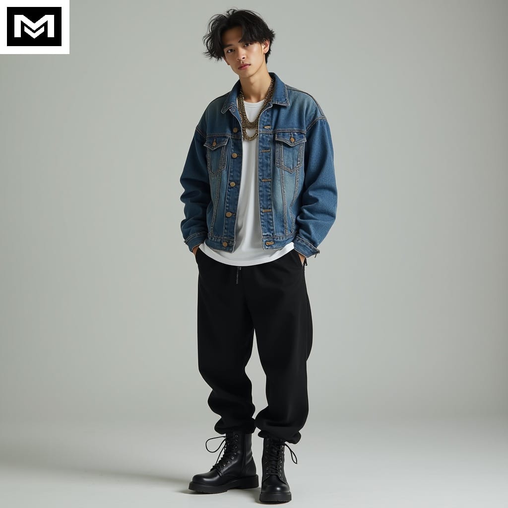 Ulzzang outfit: denim jacket, black joggers, basic tee, combat boots with chain necklace.