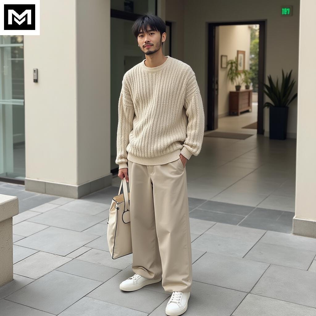 Ulzzang outfit: knitted sweater, wide-legged pants, white low-top sneakers and tote bag.