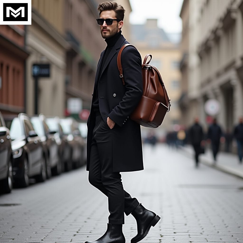 Ulzzang outfit: long coat, turtleneck sweater, slim-fit pants, chelsea boots and leather backpack