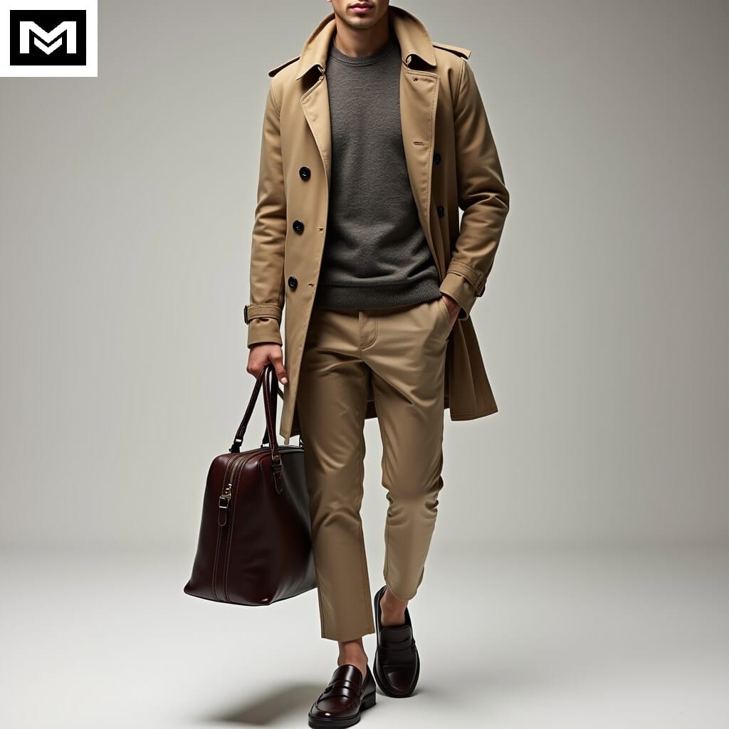 Ulzzang outfit: coat, crew neck shirt, cropped chinos, loafers with satchel bag.
