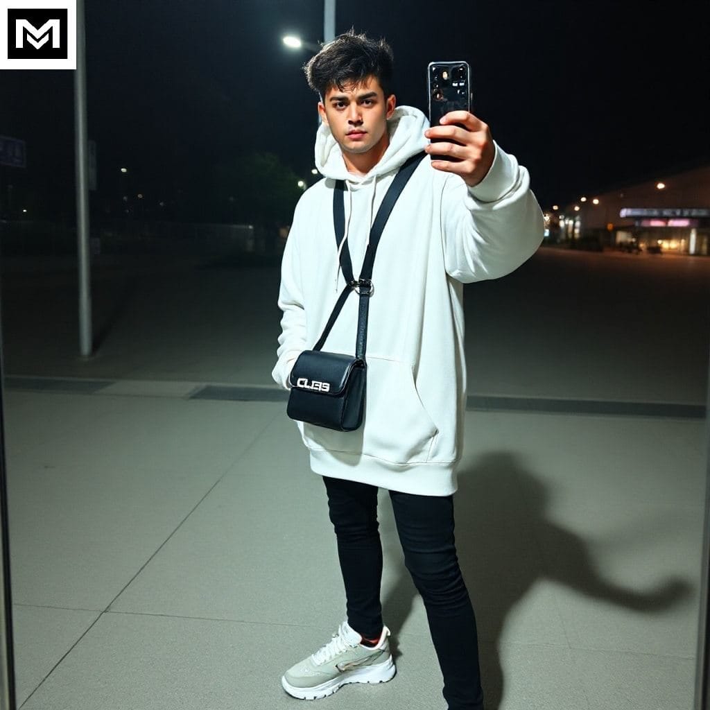 Ulzzang outfit: oversized hoodie, black skinny jeans, chunky sneakers and cross body bag.