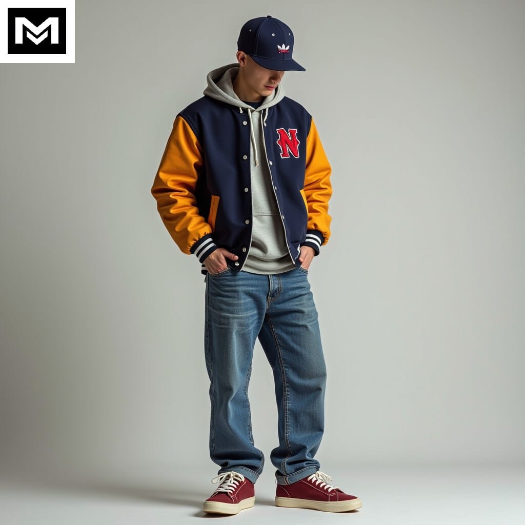 Ulzzang outfit: varsity jacket, hoodie, straight-leg jeans, retro sneakers and snapback hat.