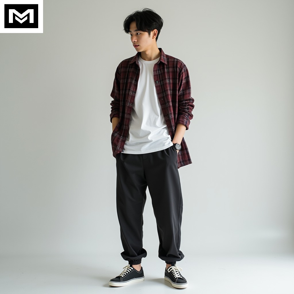 Ulzzang outfit: plaid shirt, white tee, relaxed trousers, sneakers, and minimal watch.