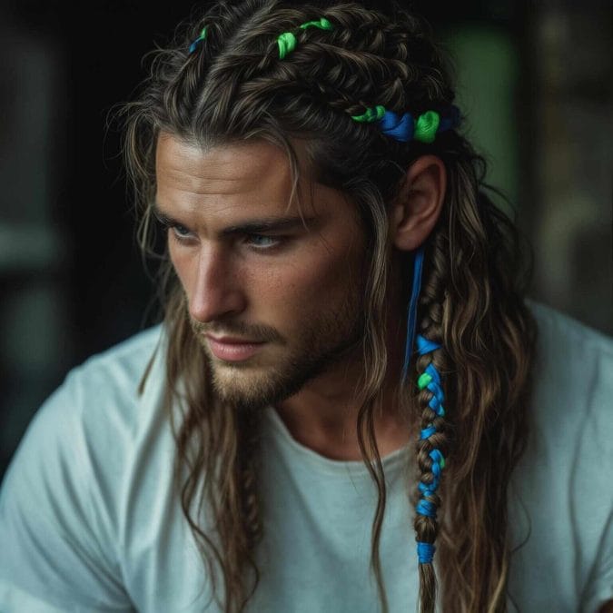A man with long, wavy brown hair styled into a thick plait, fun hairstyle
