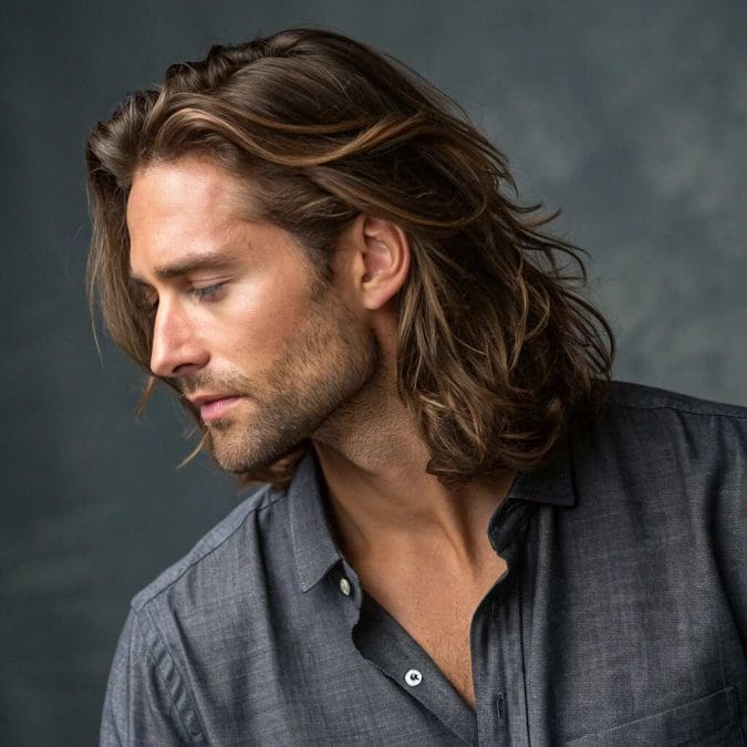 a man with long, wavy brown hair, styled with a matte texture
