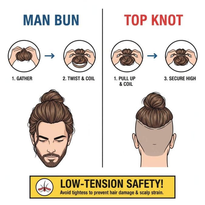 man bun vs top knot steps with low-tension safety reminder