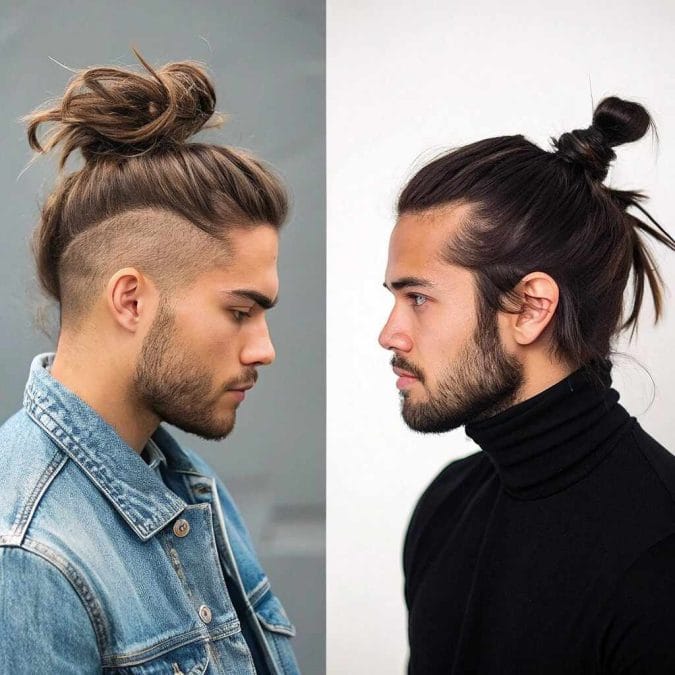 Side-by-side comparison of a low man bun and a high top knot