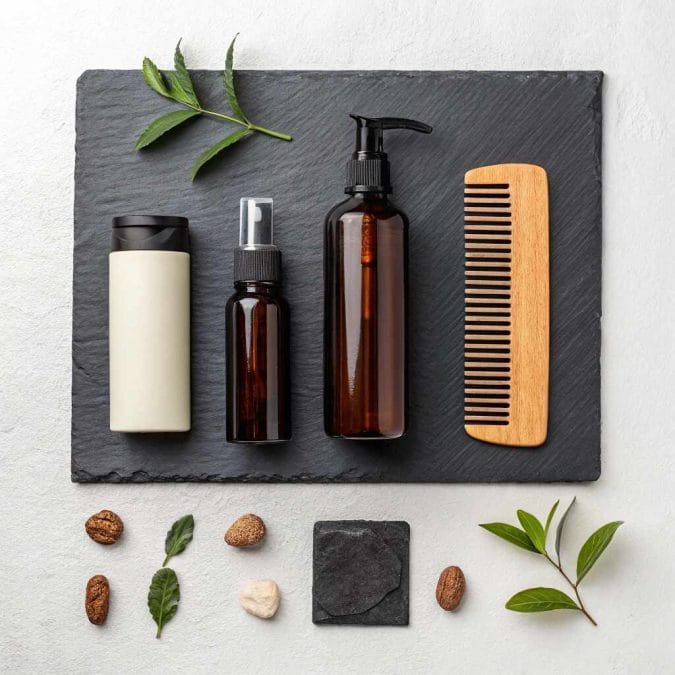 Flat lay of men’s long hair care essentials on a minimal backdrop