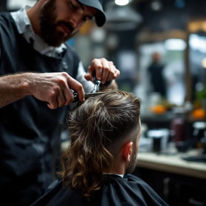 Barber trimming long men’s hair with shears in a modern barbershop