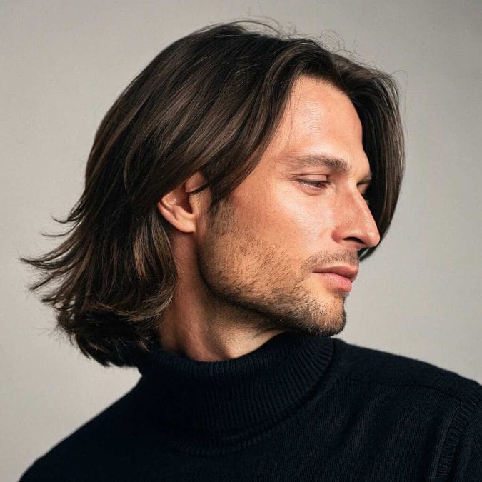 Men’s long bob with center part and sleek collarbone length
