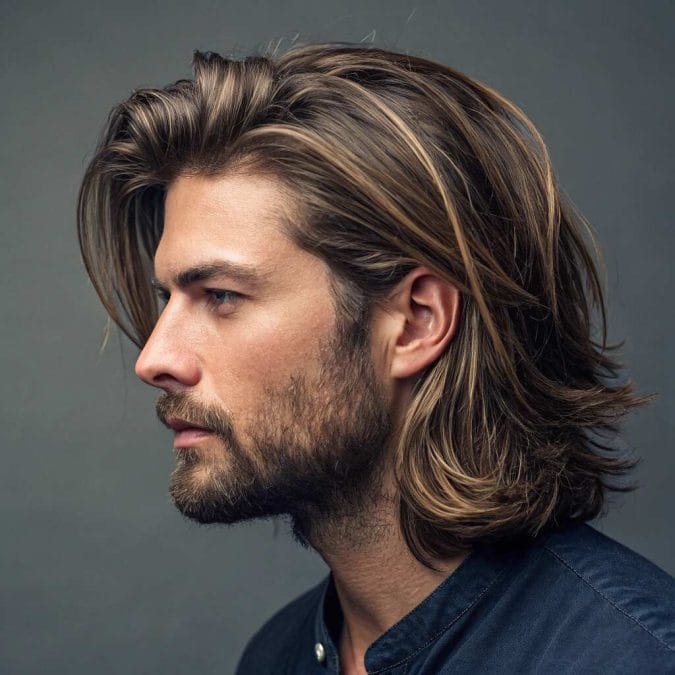 Long layered razor cut for men with airy textured ends on thick hair