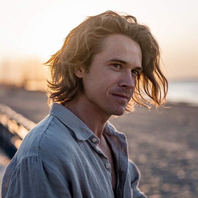 Men’s surfer locks with loose waves and sea-salt texture at the beach boardwalk