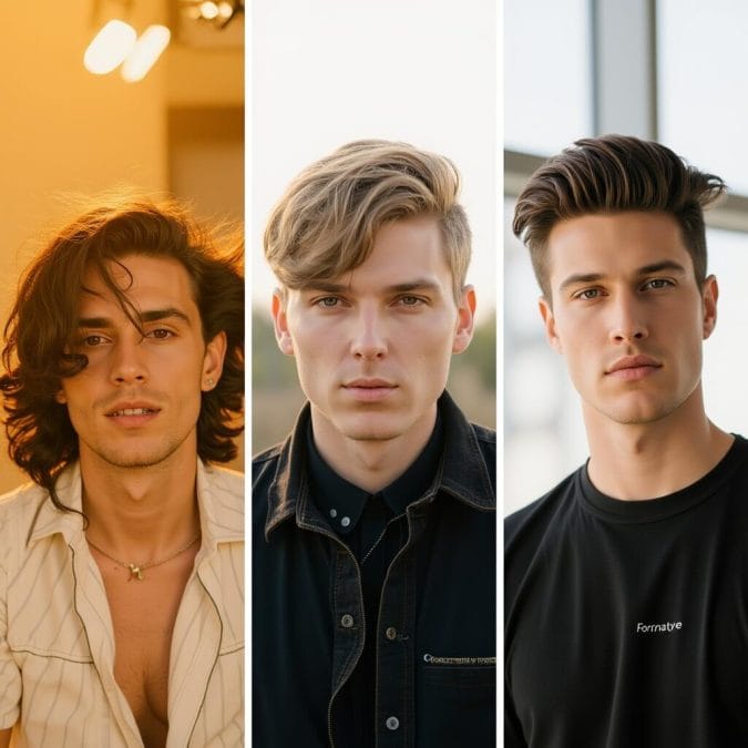Collage of three long hairstyles for men: surfer locks, center-part lob, longer comb-over