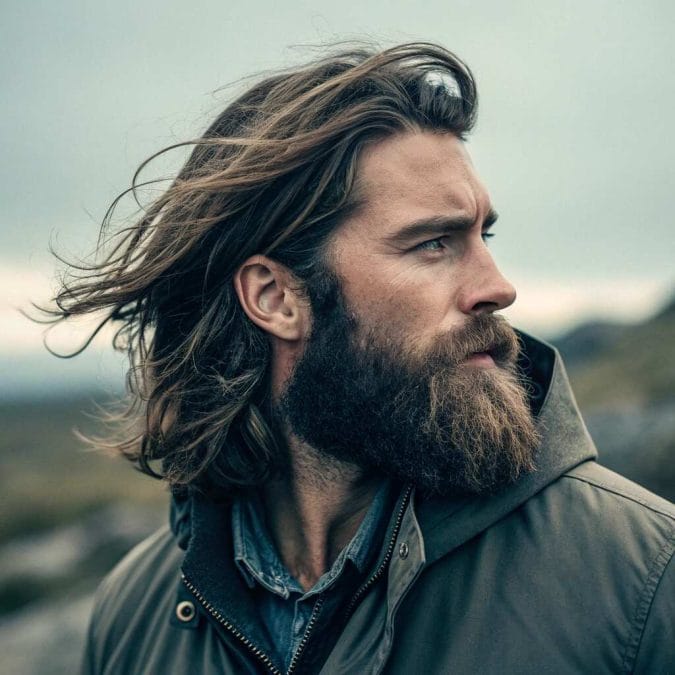 Viking flow haircut with long layered movement paired with a medium beard