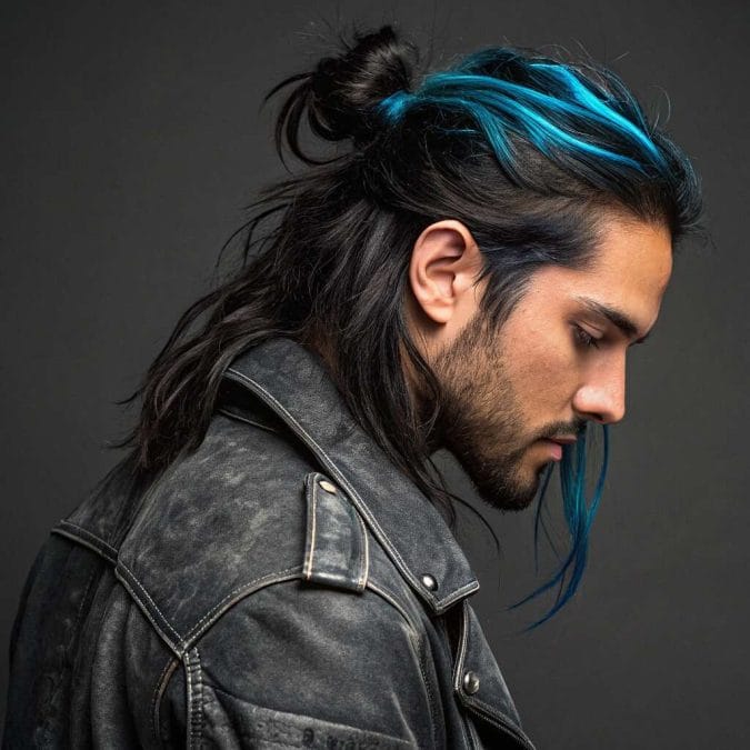 a man’s long hair, dark black base with vibrant streaks of electric blue highlights
